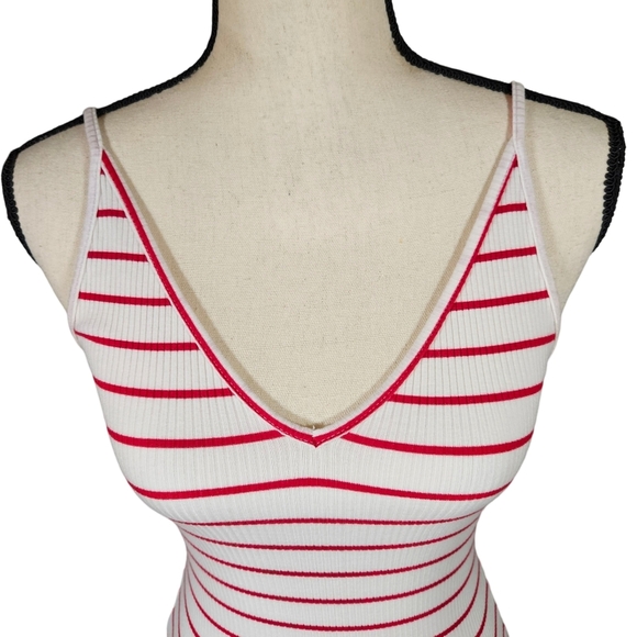 Reformation V Neck Ribbed Tank, Red/White Striped, XS - Picture 2 of 10
